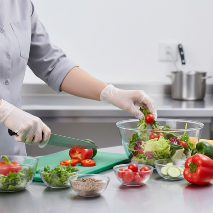 Hands wearing clear TPE gloves during food prep