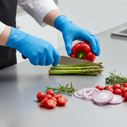 Hands wearing blue nitrile gloves during food prep