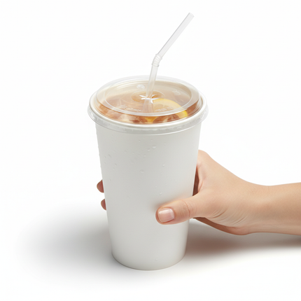 Clear PET flat lid with straw on 44oz paper cup lifestyle