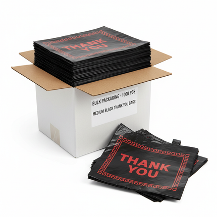 Stack of medium black thank you bags bulk 1000