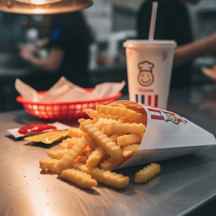 White grease-resistant french fry bag filled with fries lifestyle use