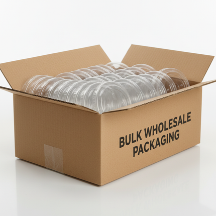 Clear PET flat lids in corrugated box bulk case