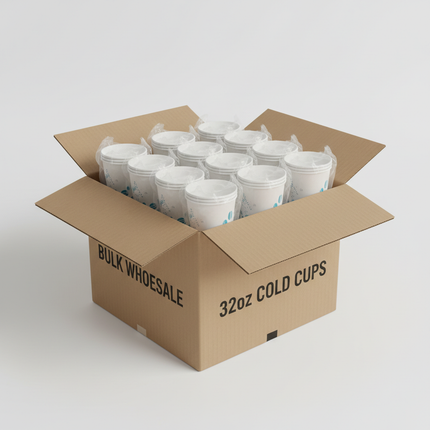32oz white paper cups in corrugated box bulk case