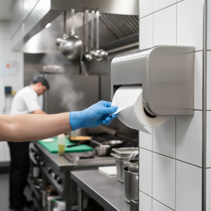 White paper towel roll on commercial wall dispenser in kitchen