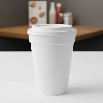 Flat foam lid on large foam cup lifestyle use