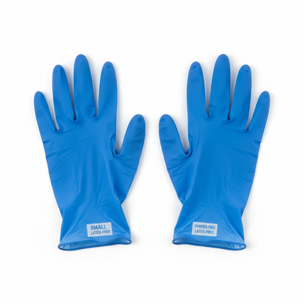 Blue vinyl gloves small size laid flat