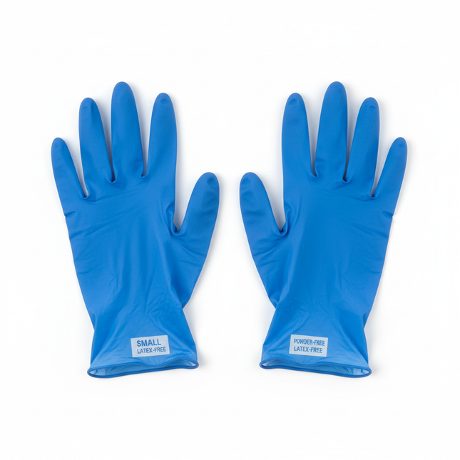 Blue vinyl gloves small size laid flat