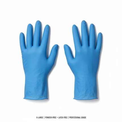 Blue vinyl gloves laid flat