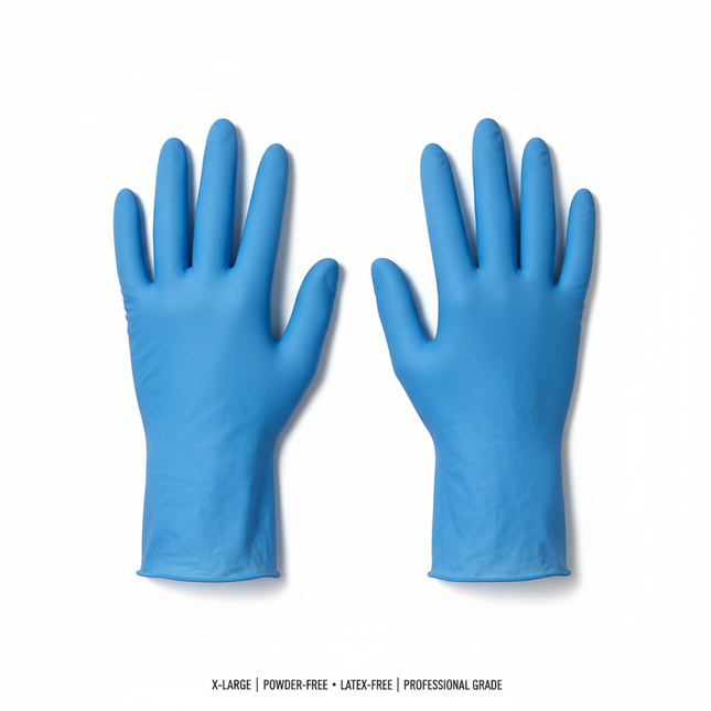 Blue vinyl gloves laid flat